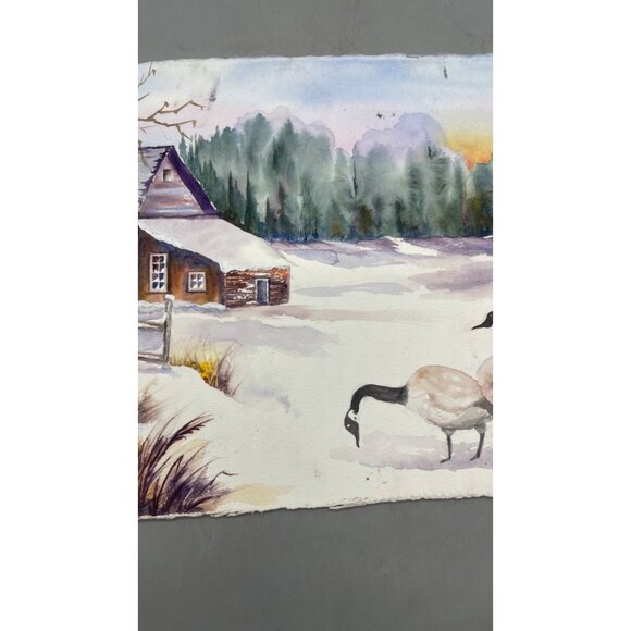 Handcrafted Watercolor Painting Of Winter Scenery With Geese landscape READ - Picture 3 of 5